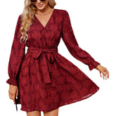 Robe de cocktail en dentelle, col en V, robe d'invité de mariage, manches longues, ceinture à la taille